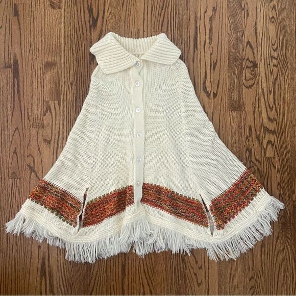 Vibrage boho hippie 1970s fringe trim poncho button up - Picture 1 of 5